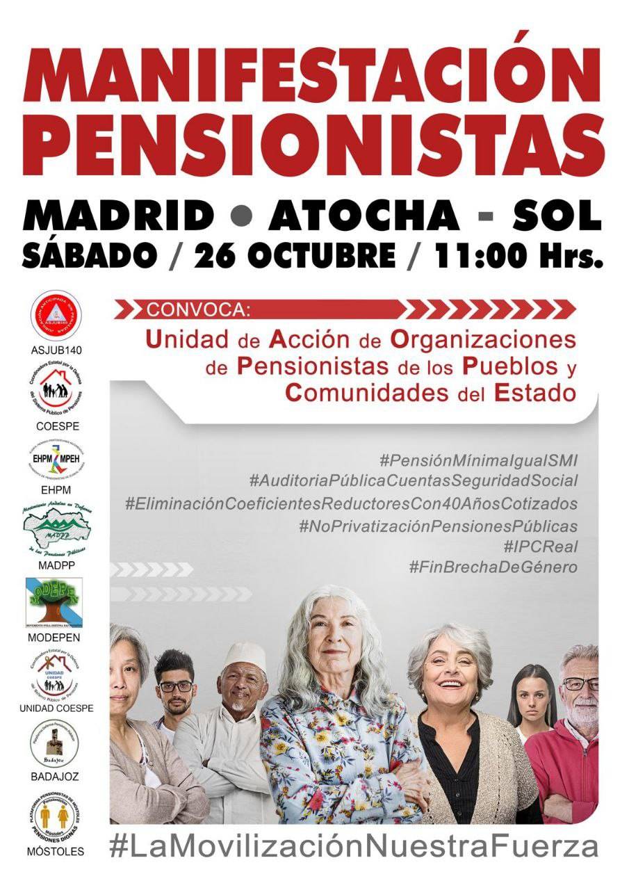 El dia 30 de setembre a València i el dia 26 d’octubre a Madrid: Mobilitza’t per unes pensions públiques i dignes!